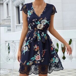 BOHO Floral Print & Lace Belted Navy Blue Dress